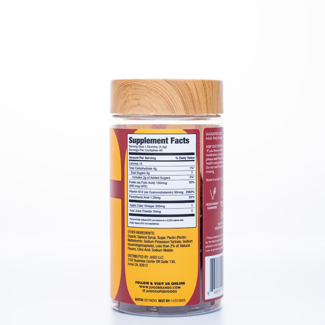 Back view of a Jugo ACV Superfoods bottle showing the Supplement Facts panel on a white background.