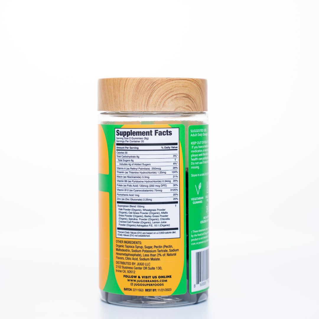 Back view of a Jugo Energy Superfoods bottle showing the green label with ingredient and usage information.