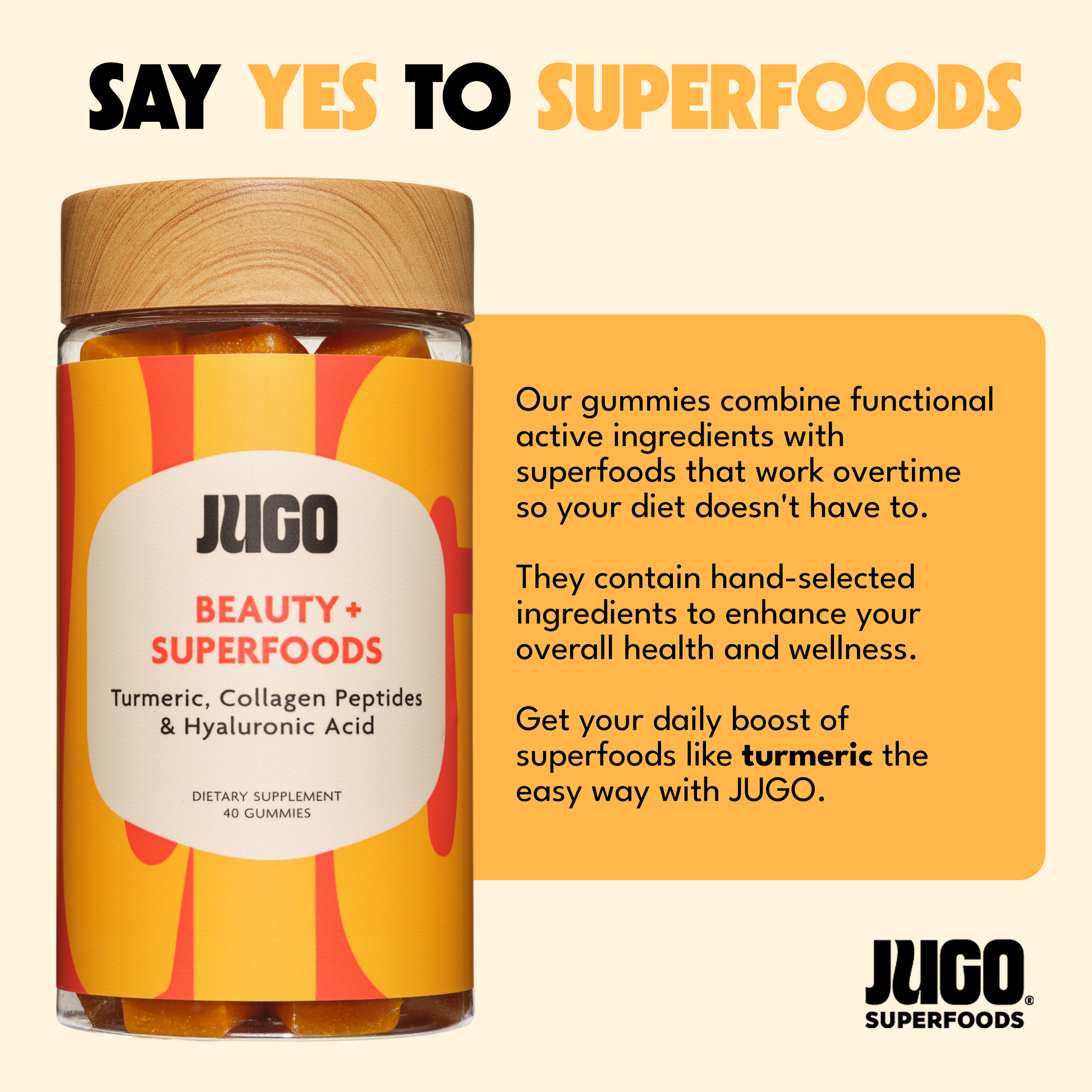 JUGO BEAUTY + SUPERFOODS Gummies in a clear jar with a wooden lid, featuring turmeric and collagen peptides.