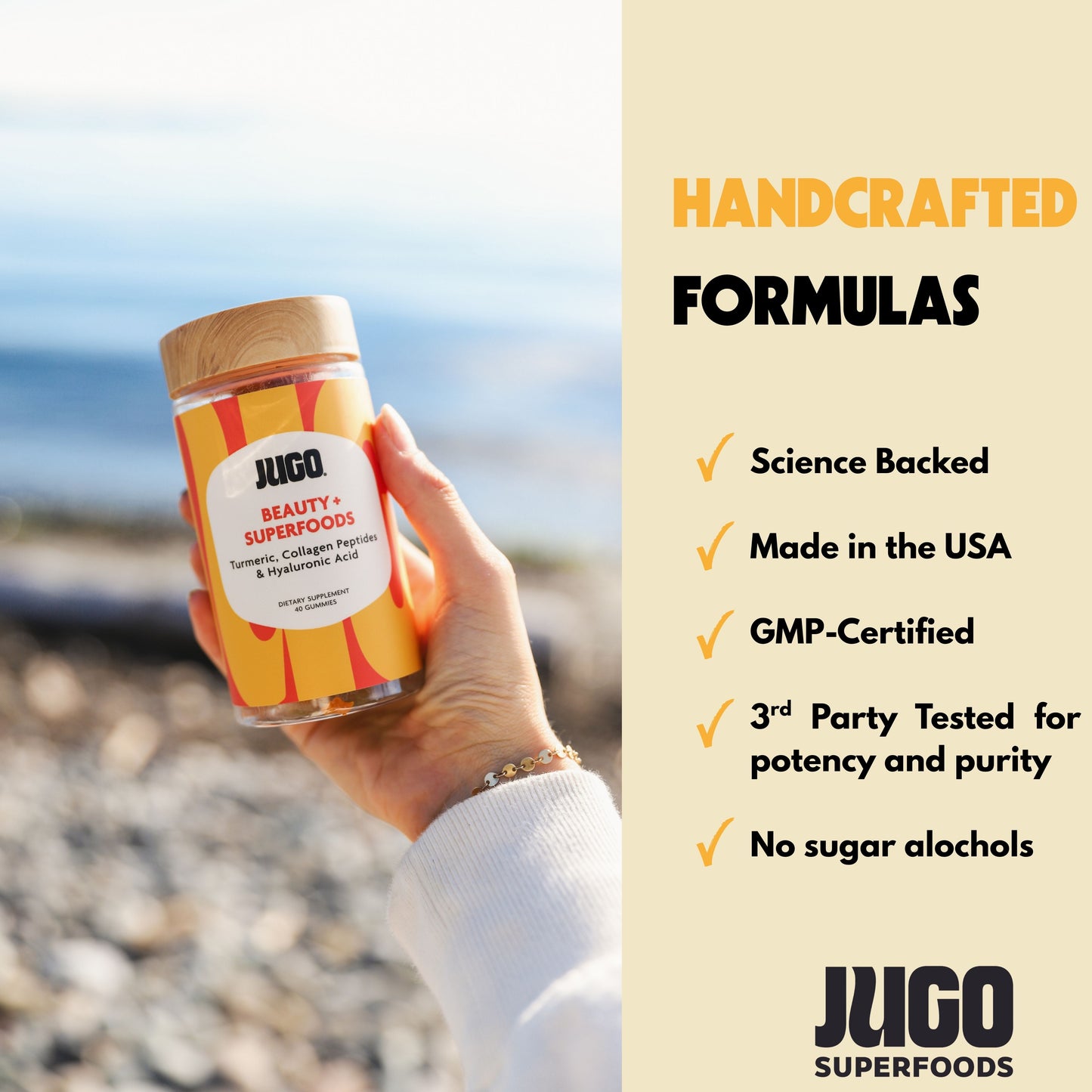 JUGO BEAUTY + SUPERFOODS Gummies in a clear jar with a wooden lid, showcasing health benefits and certifications.