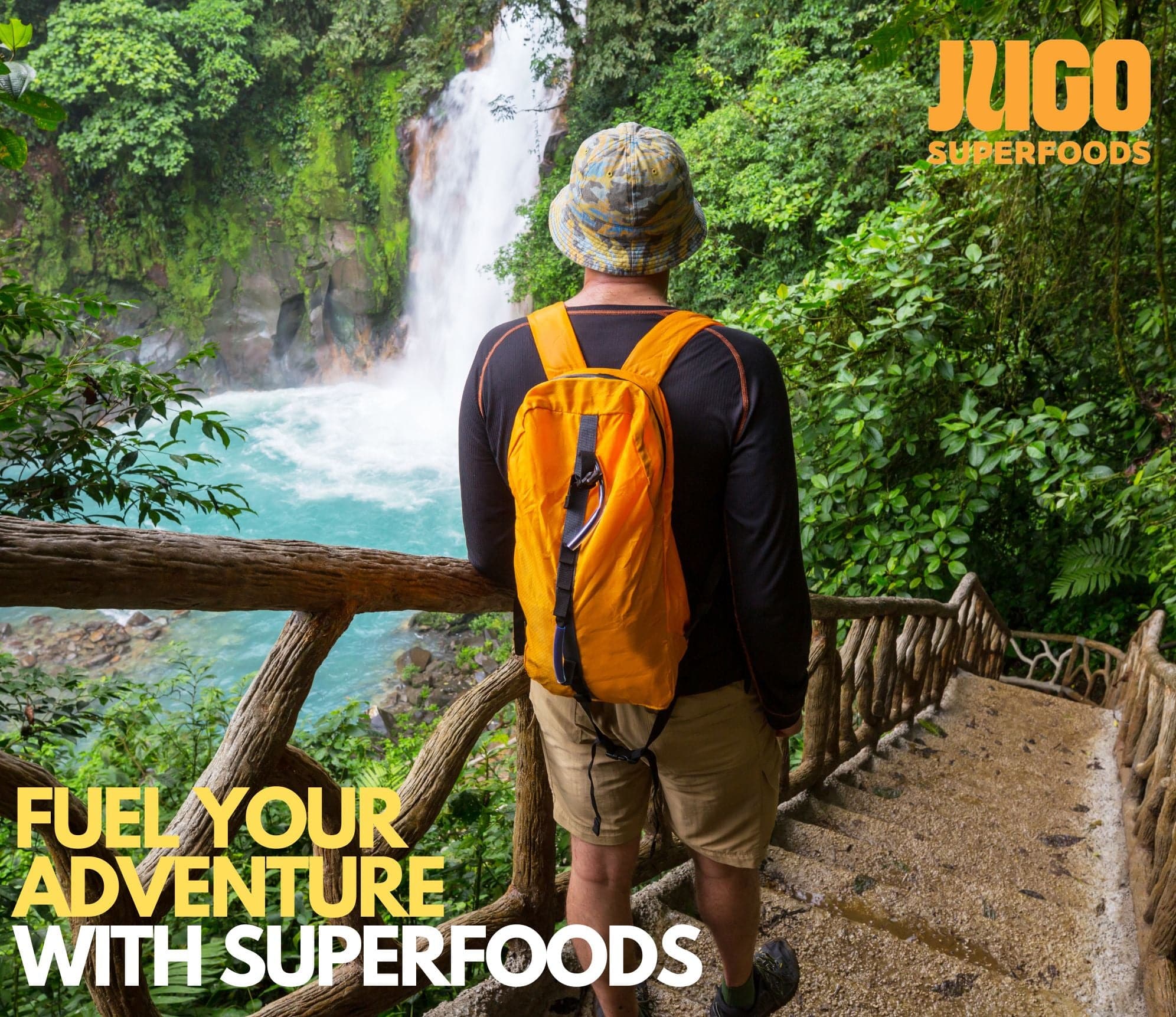 Energized hiker after taking JUGO ENERGY + SUPERFOODS gummies