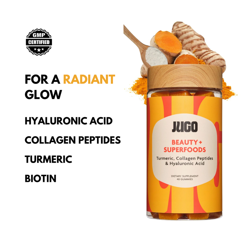 JUGO Beauty + Superfoods Gummies – GMP Certified Supplement with Hyaluronic Acid, Collagen Peptides, Turmeric, and Biotin for Radiant Skin and Glow
