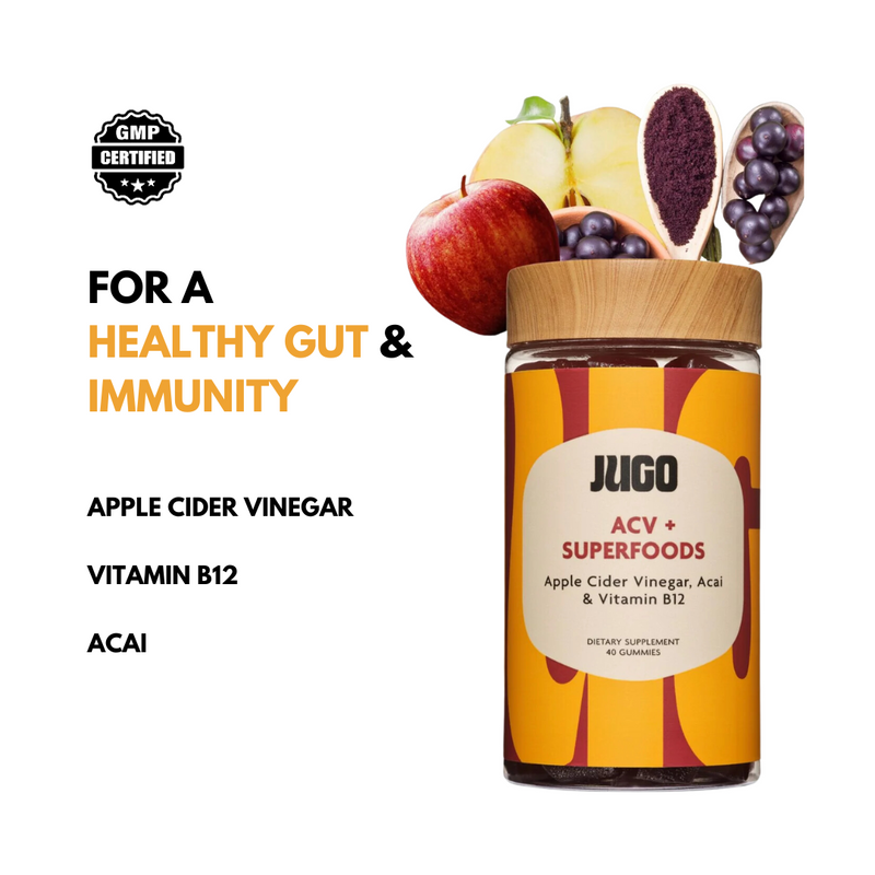 JUGO ACV Gummies with Vitamin B12 and Acai – Boosts Energy, Supports Gut Health and Weight Management – Natural Apple Cider Vinegar Superfood Blend