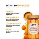 JUGO Beauty + Superfoods Gummies with Turmeric, Hyaluronic Acid, Collagen Peptides, and Biotin – Promotes Scalp Health, Anti-Aging, Skin Cell Renewal, and Strong Hair and Nails – 40 Natural Daily Supplements
