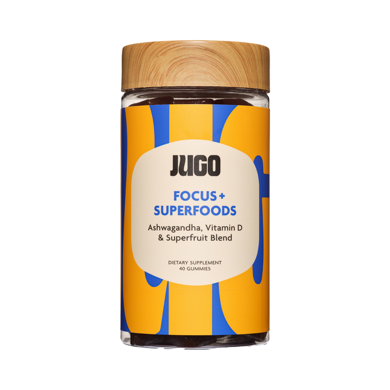 JUGO Focus + Superfoods Gummies – Natural Brain Support Supplement with Ashwagandha, Vitamin D, and Superfruit Blend – Boosts Focus, Mood, and Cognitive Clarity – 40 Vegan Gummies in Sustainable Packaging