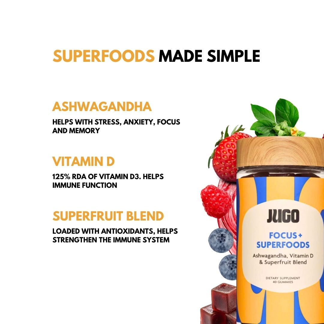 Promotional graphic titled “Superfoods Made Simple” highlighting ashwagandha, vitamin D3, and a superfruit blend alongside a Jugo Focus Superfoods bottle.