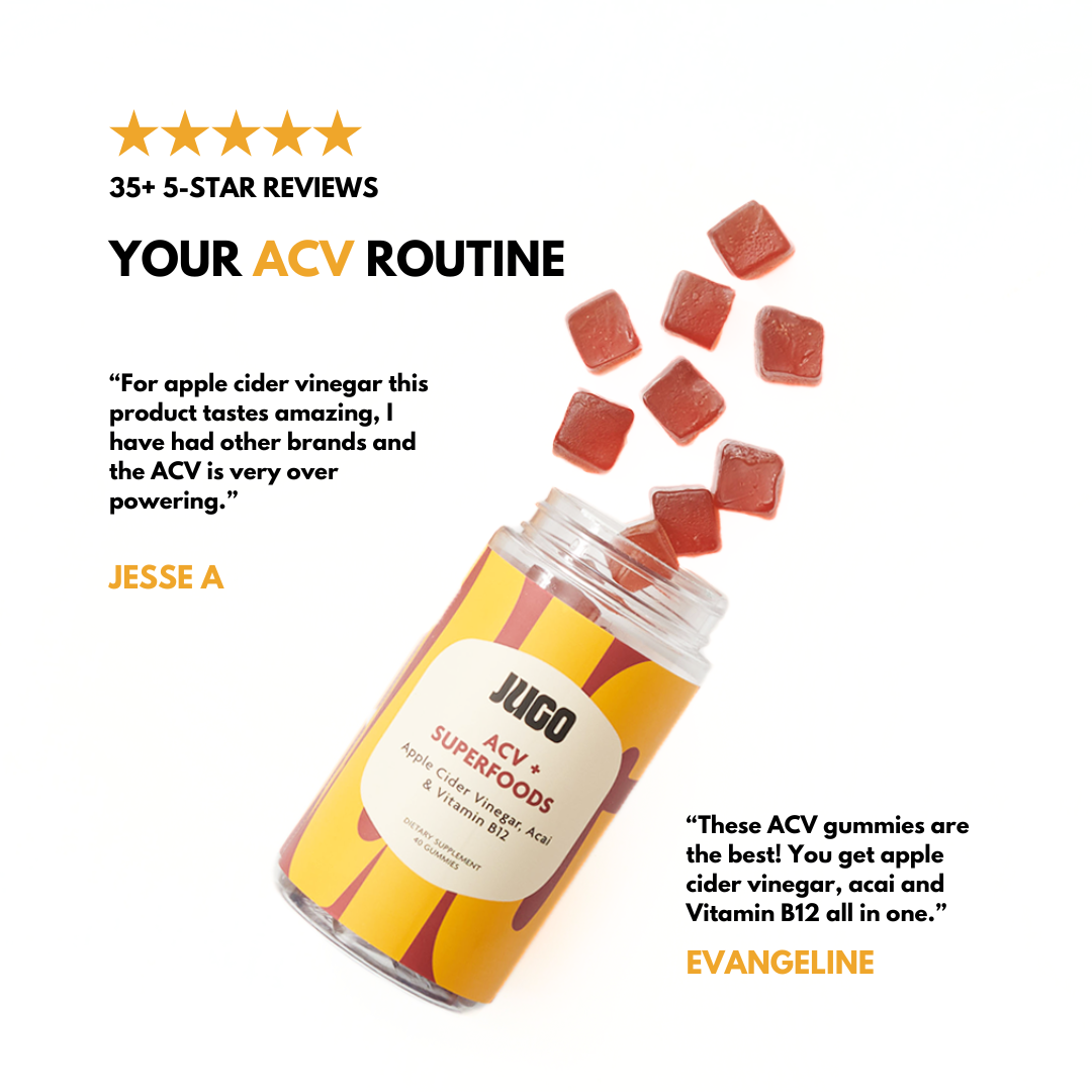 Illustrated product review graphic showing a Jugo ACV Superfoods bottle, floating gummies, and a five-star review quote.
