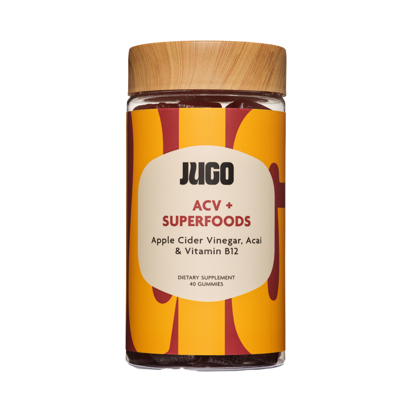 Front-facing product shot of a Jugo ACV Superfoods bottle centered on a plain light background.