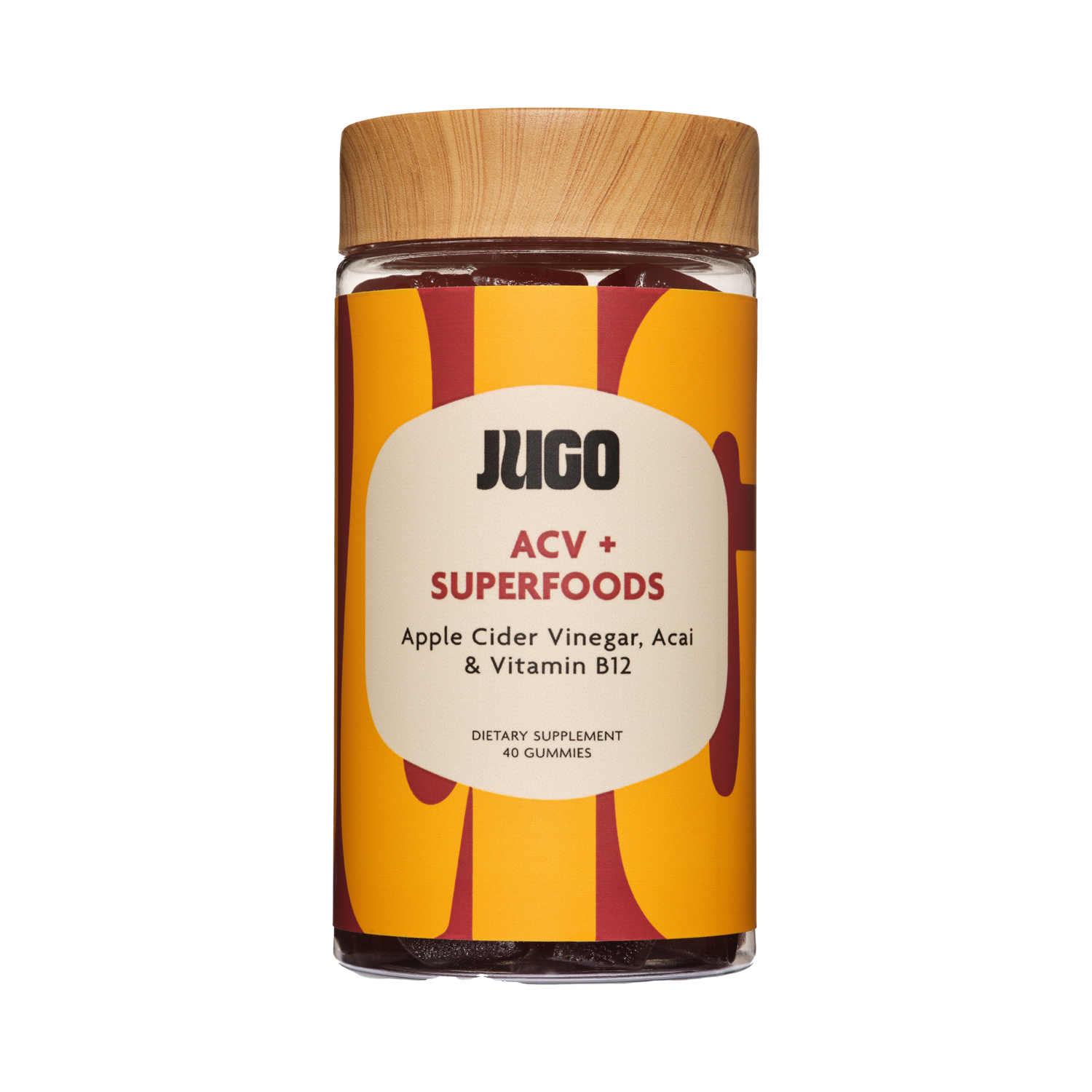 Front-facing product shot of a Jugo ACV Superfoods bottle centered on a plain light background.