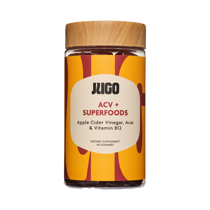 Front-facing product shot of a Jugo ACV Superfoods bottle centered on a plain light background.