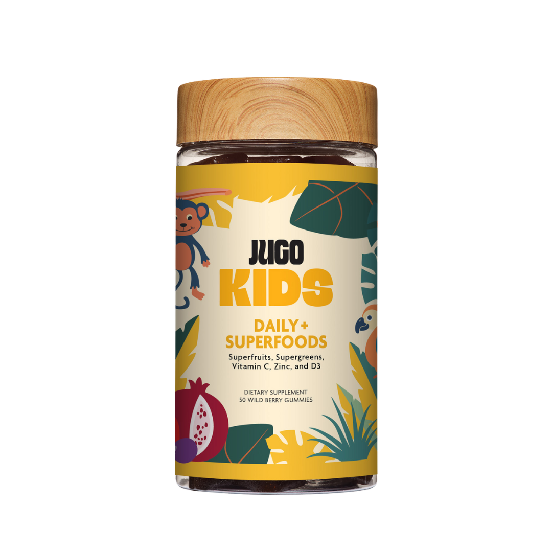 Front-facing product image of a Jugo Kids Daily Superfoods gummies bottle on a clean white background.
