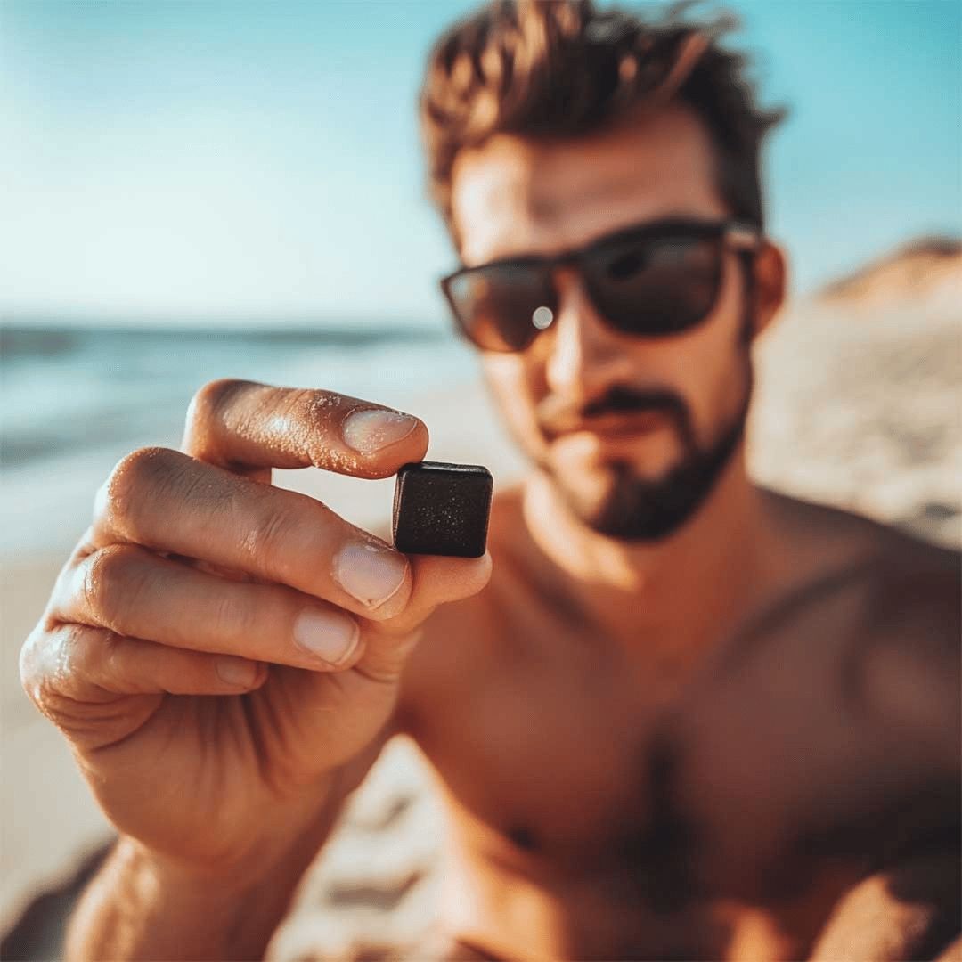 A man at the beach holds a dark gummy between his fingers, with the ocean and sunlight in the background.