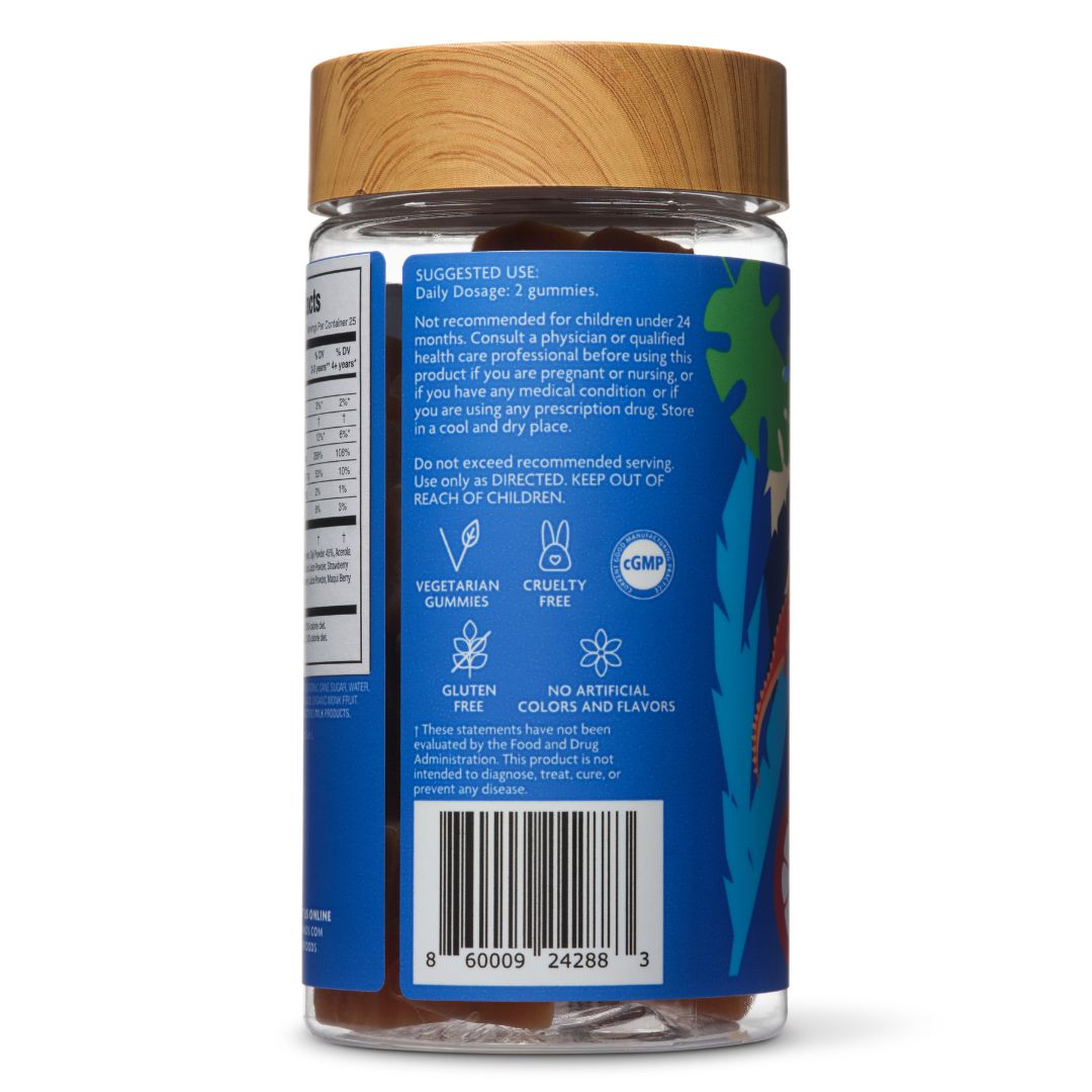Rear view of a Jugo Kids Sport Superfoods bottle displaying dosage information, icons, and barcode.