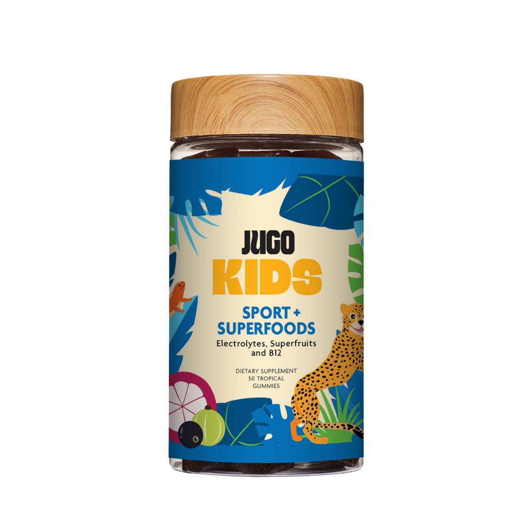 Front-facing product image of a Jugo Kids Sport Superfoods gummies bottle on a white background.
