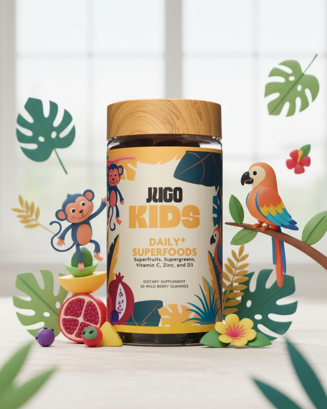 Illustrated scene showing a Jugo Kids Daily Superfoods bottle with playful plant and animal graphics, designed for children.