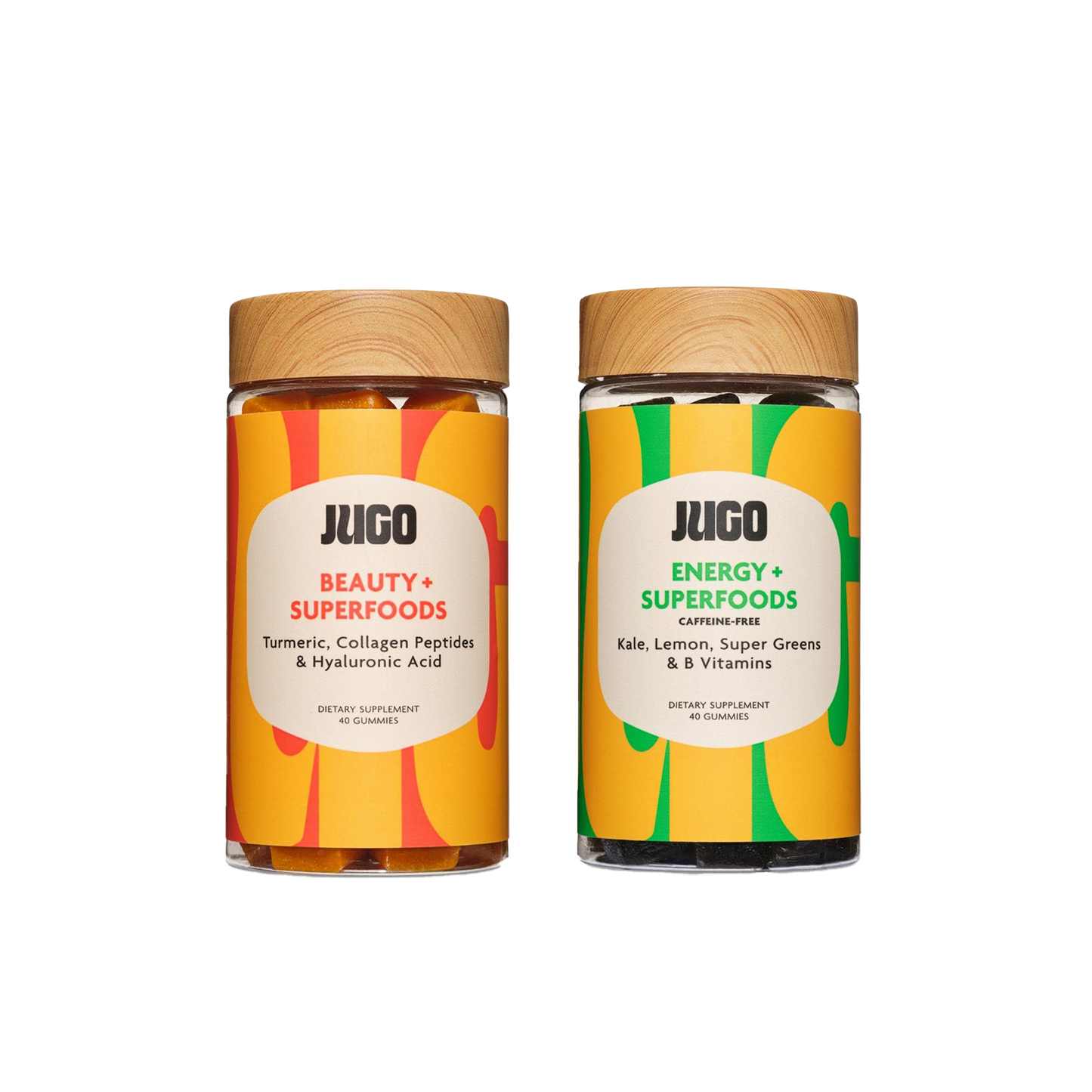 Two Jugo Superfoods gummy bottles displayed side by side on a clean white background.
