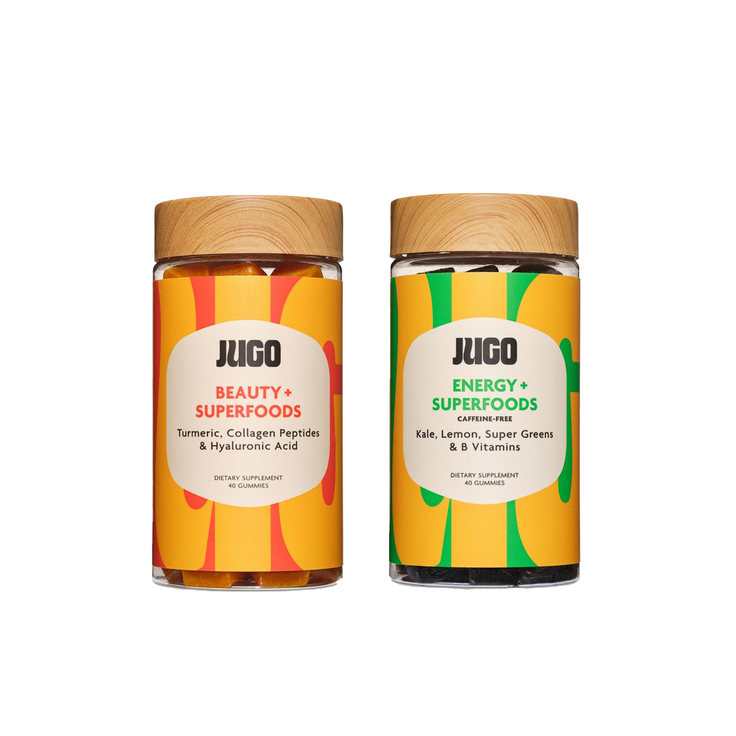 Two Jugo Superfoods gummy bottles displayed side by side on a clean white background.