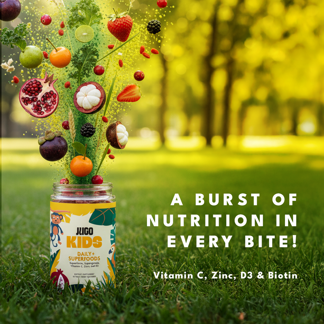 Promotional image showing a Jugo Kids Daily Superfoods bottle in a sunny outdoor setting with text reading “A Burst of Nutrition in Every Bite.”