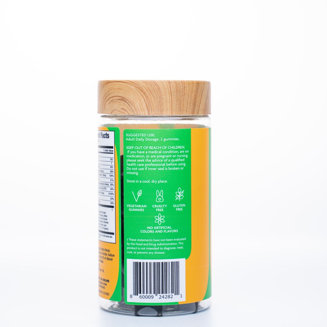 Back view of a Jugo Energy Superfoods bottle showing the green label with ingredient and usage information.