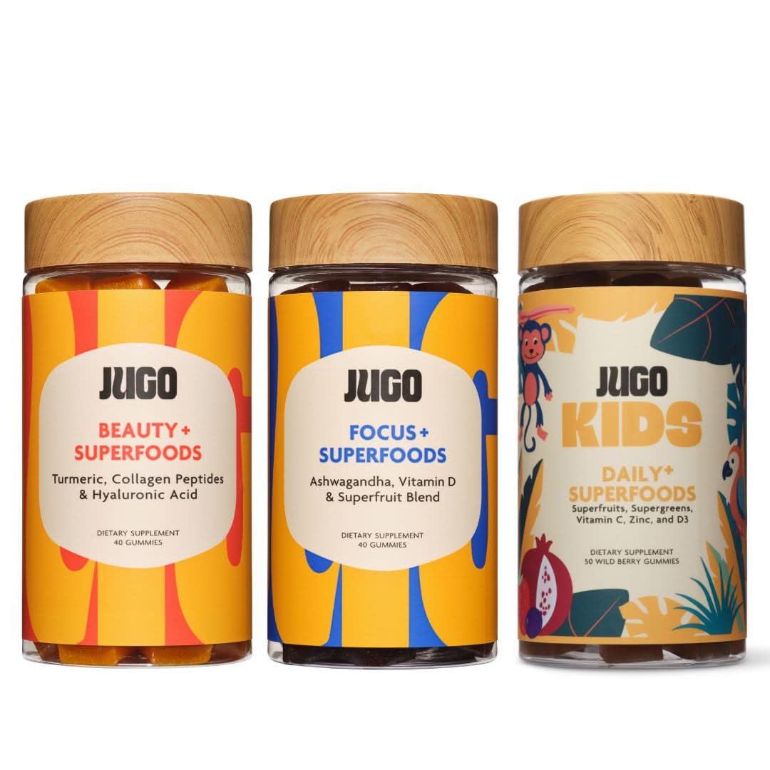 Family Bundle for Adults and Kids featuring three jars of dietary supplements in colorful packaging.