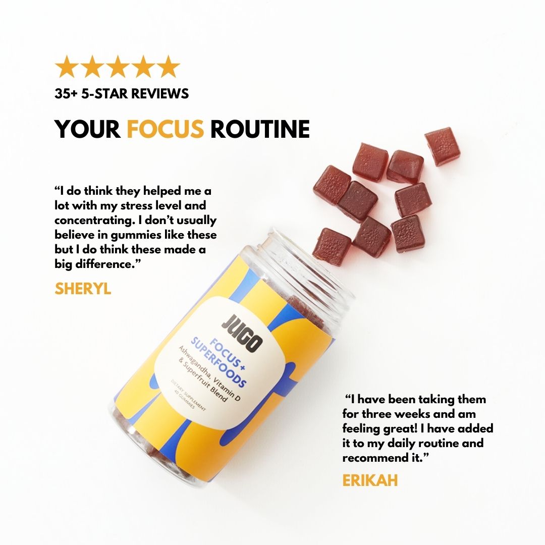 A tilted Jugo Focus Superfoods bottle on a white background with cube-shaped gummies appearing to pour out.