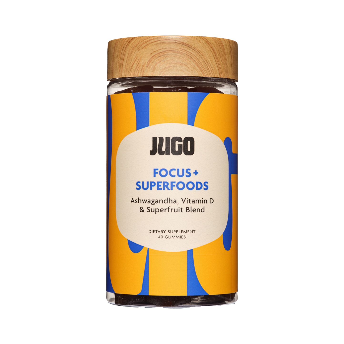 Front-facing studio product image of a Jugo Focus Superfoods gummies bottle on a clean white background.