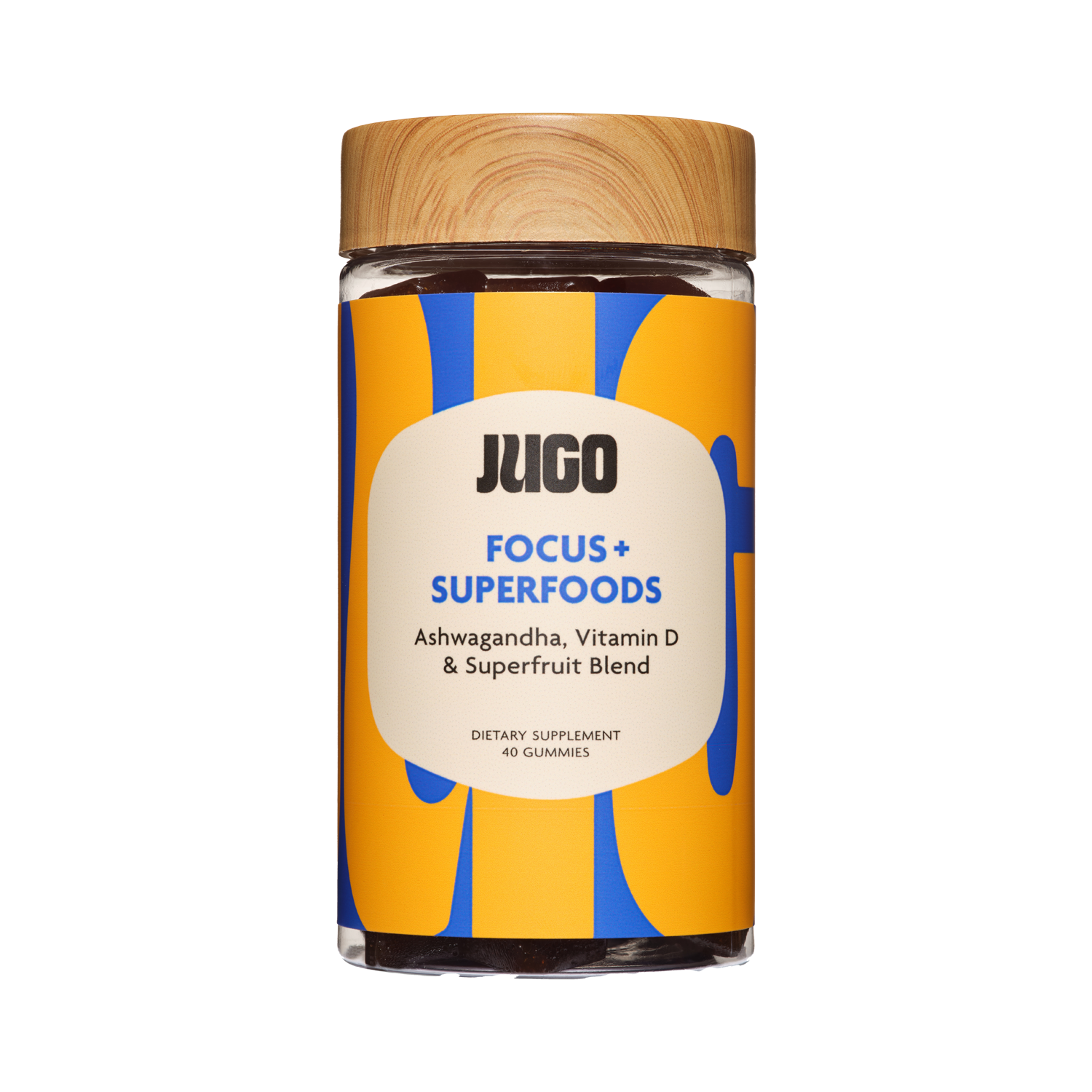 Front-facing studio product image of a Jugo Focus Superfoods gummies bottle on a clean white background.