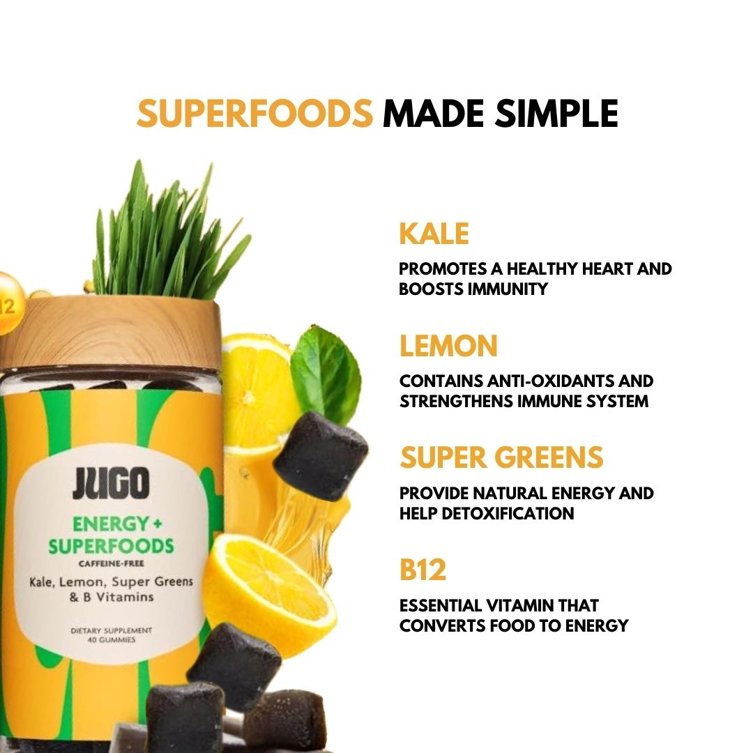 Promotional graphic titled “Superfoods Made Simple” highlighting kale, lemon, super greens, and B12 alongside a Jugo Energy Superfoods gummies bottle.