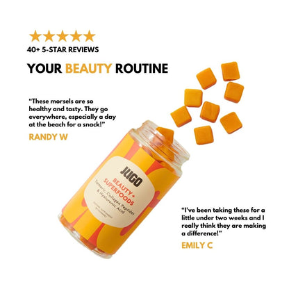 Illustrated product review graphic titled “Your Beauty Routine” featuring a Jugo Beauty Superfoods bottle, floating gummies, and five-star customer quotes.