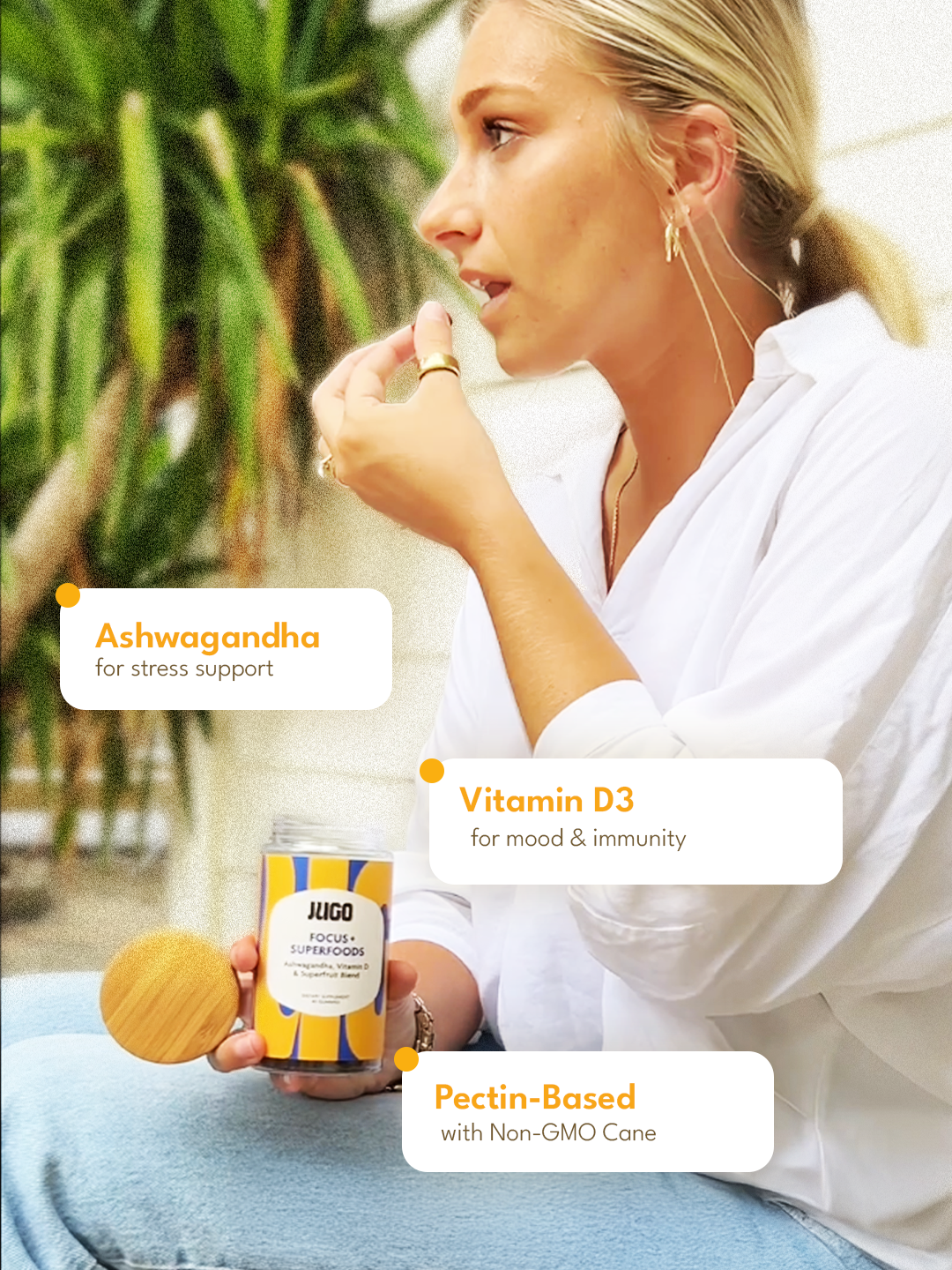 Lifestyle photo of a woman eating a gummy outdoors, with text callouts highlighting vitamin D3 and natural ingredients.