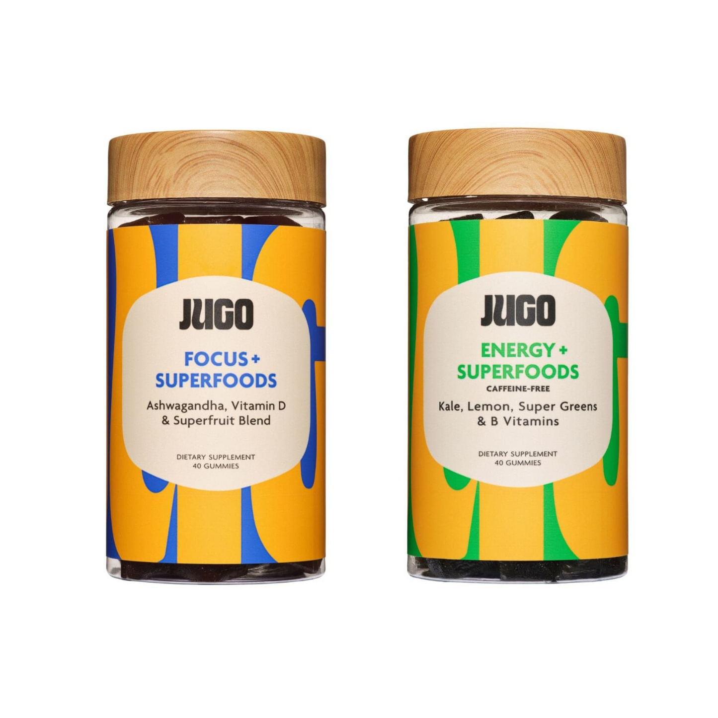 Two Jugo Superfoods bottles shown together on a white background, representing different product varieties.