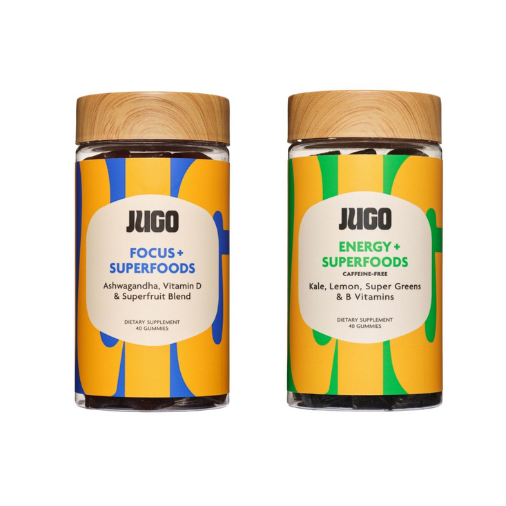 Two Jugo Superfoods bottles shown together on a white background, representing different product varieties.