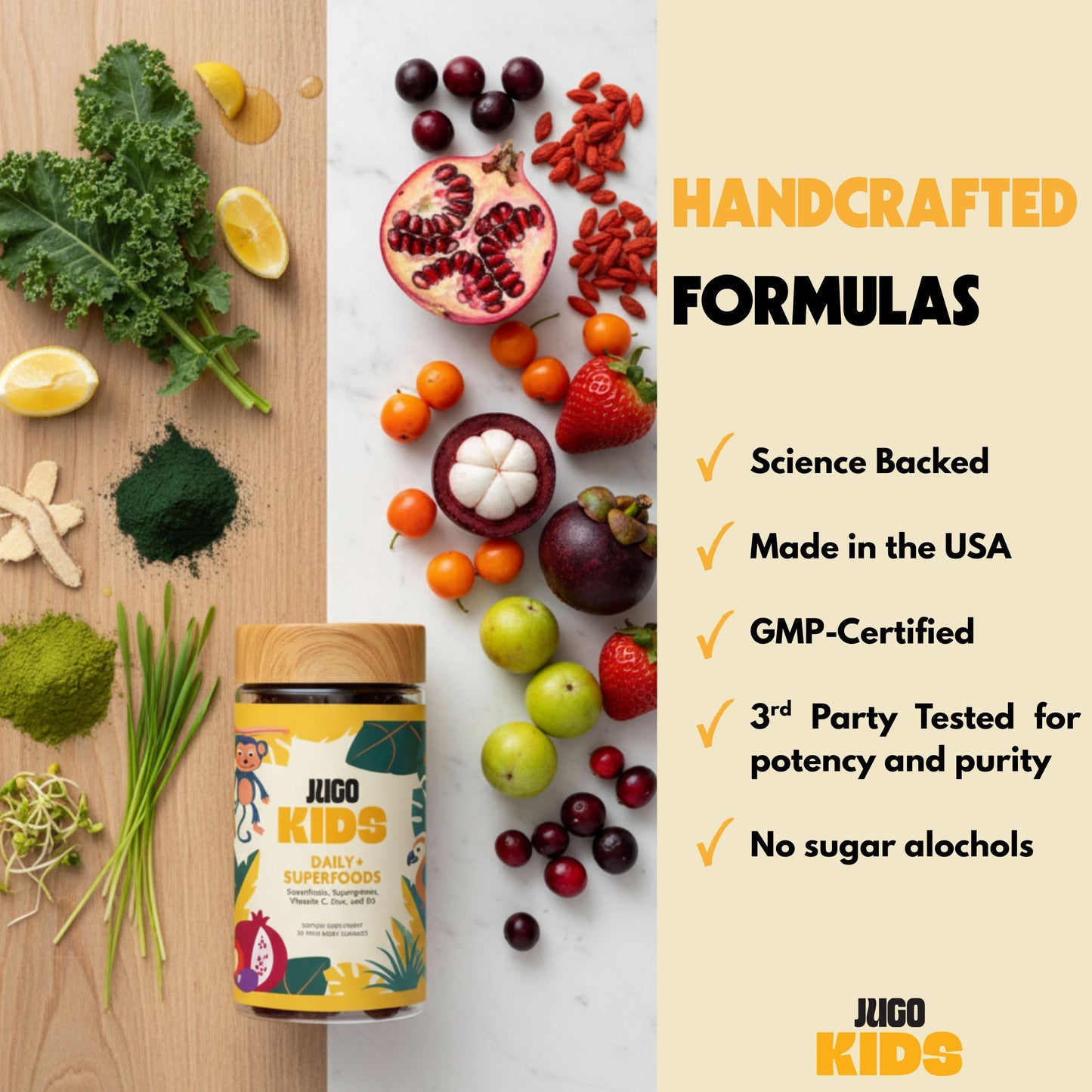 Family Bundle for Adults and Kids featuring colorful superfoods and a wooden container of Jugo Kids formulas.