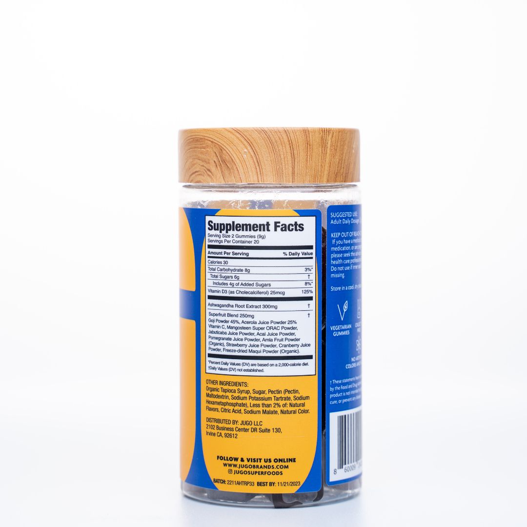 Back view of a Jugo Focus Superfoods bottle displaying the Supplement Facts panel.