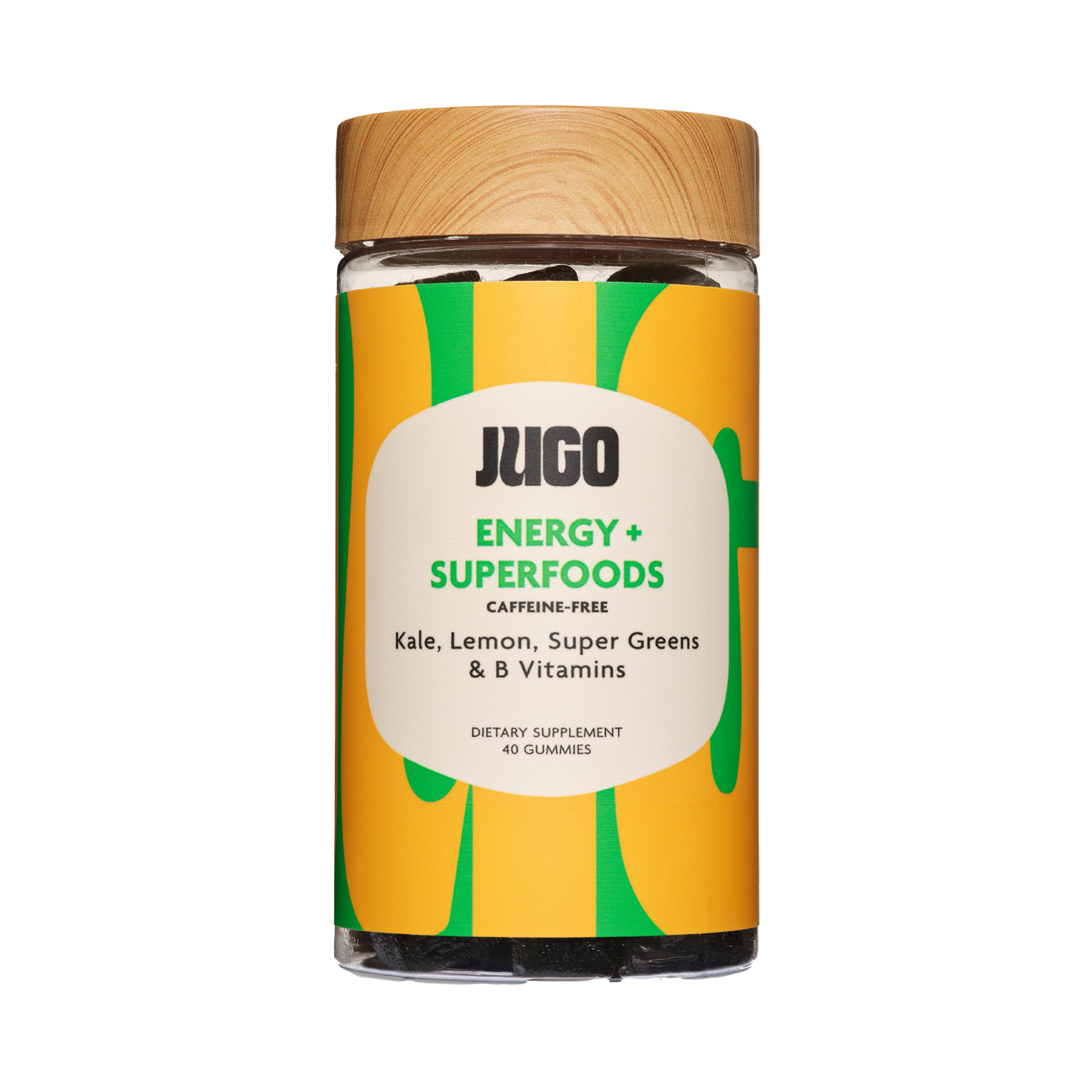 Front-facing product image of a single Jugo Energy Superfoods gummies bottle on a clean white background.