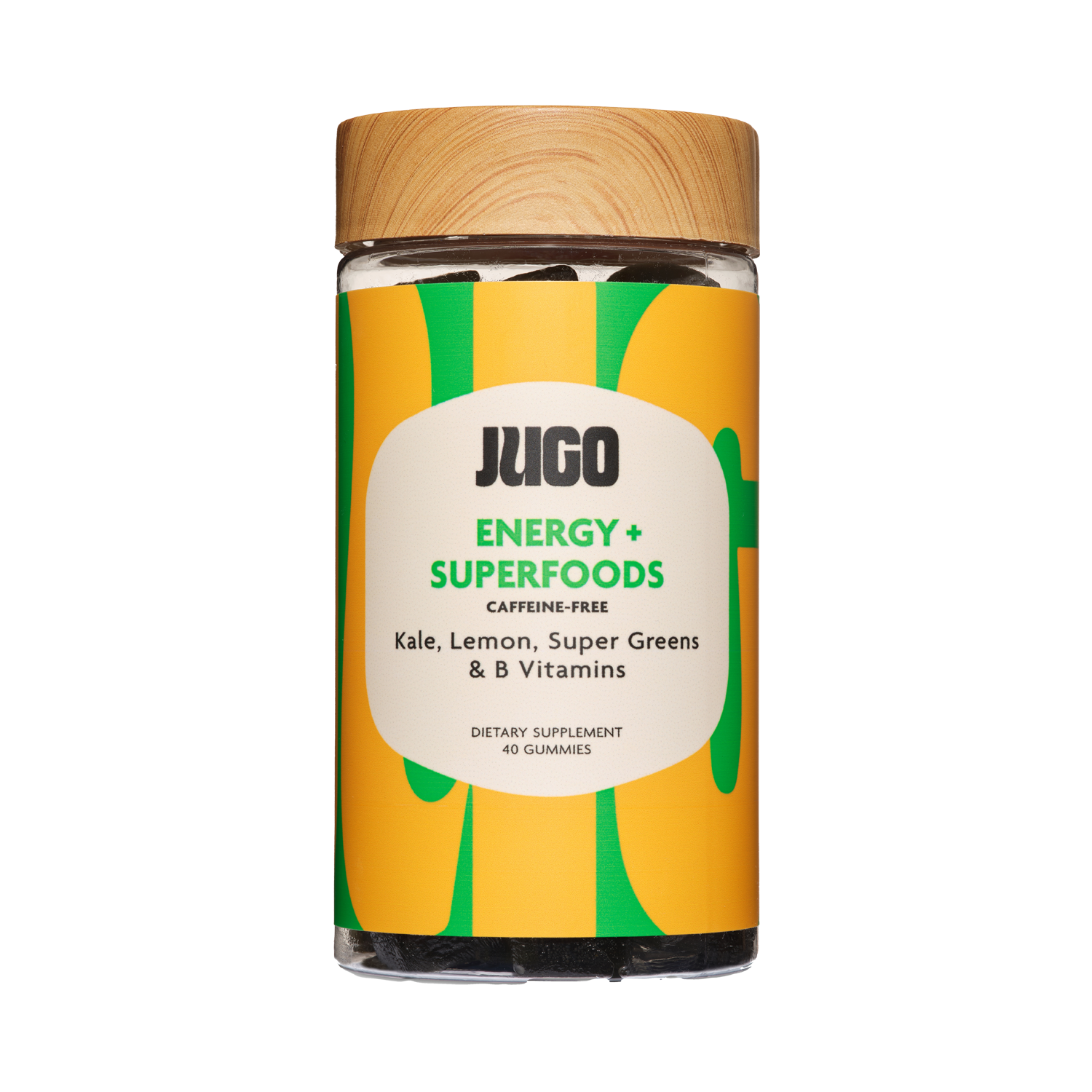 Front-facing product image of a single Jugo Energy Superfoods gummies bottle on a clean white background.