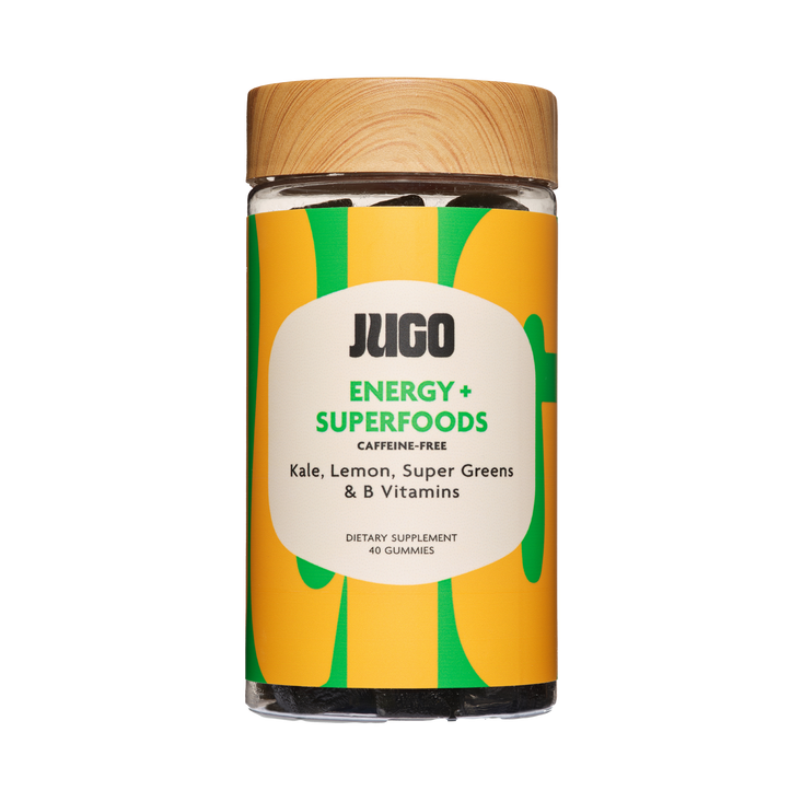 Front-facing product image of a single Jugo Energy Superfoods gummies bottle on a clean white background.