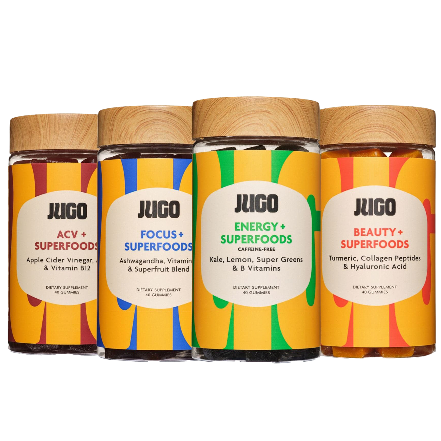Starter bundle image showing multiple Jugo Superfoods bottles grouped together with fresh fruits behind them.
