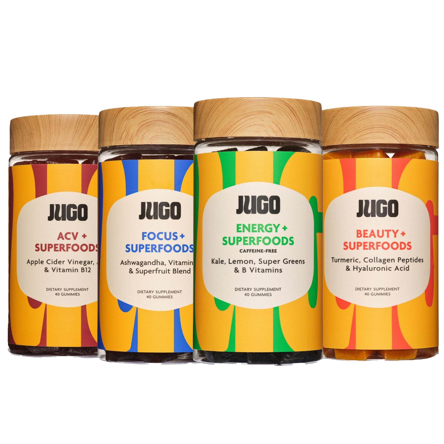 Starter bundle image showing multiple Jugo Superfoods bottles grouped together with fresh fruits behind them.