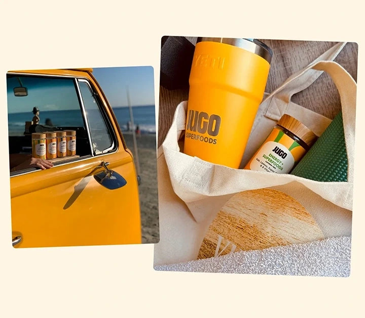 Lifestyle product photo of Jugo Superfoods bottles styled with a car and beach accessories in a sunny setting.