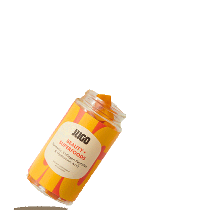 Animated-style image of a tilted Jugo Beauty Superfoods bottle on a black background with gummies appearing to spill out.