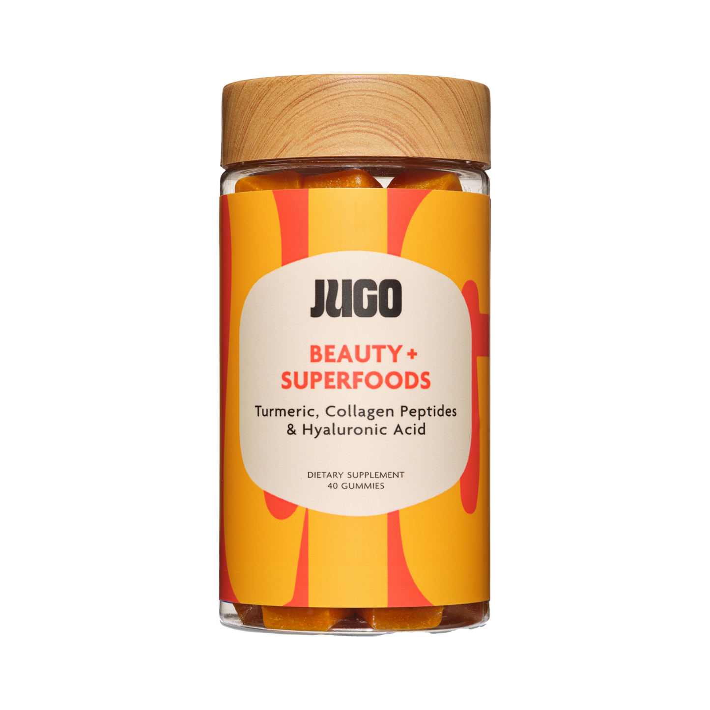 Front-facing product image of a single Jugo Beauty Superfoods gummies bottle on a clean white background.