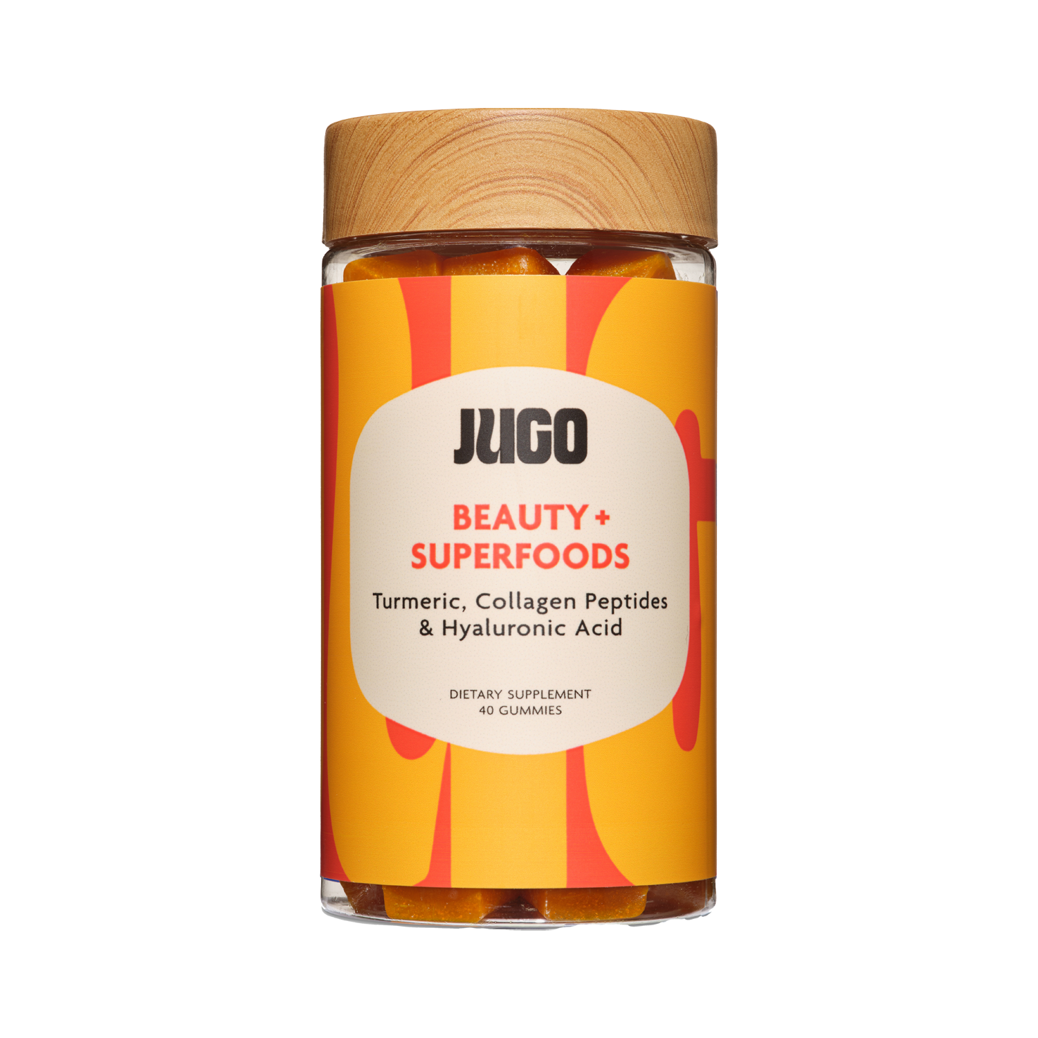 Front-facing product image of a single Jugo Beauty Superfoods gummies bottle on a clean white background.