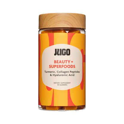 Front-facing product image of a single Jugo Beauty Superfoods gummies bottle on a clean white background.