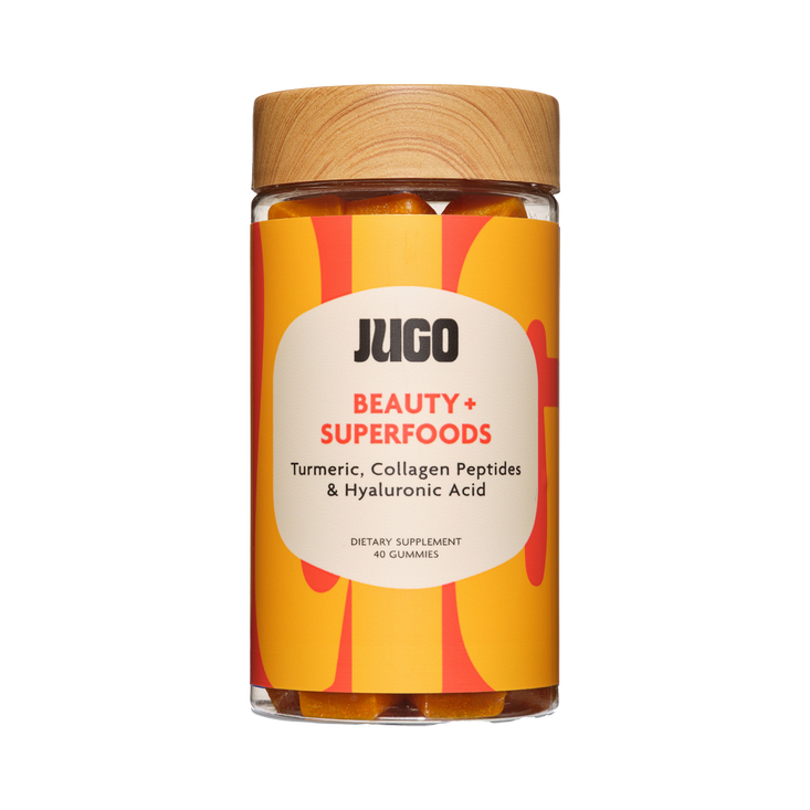 Front-facing product image of a single Jugo Beauty Superfoods gummies bottle on a clean white background.