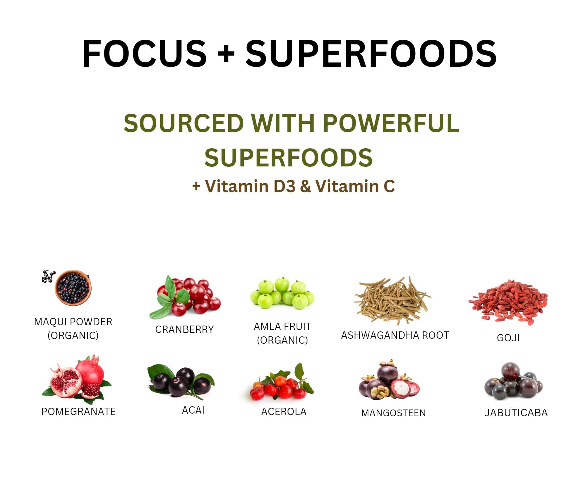 Focus gummy vitamins sourced with powerful superfoods, vitamin D3, and vitamin C
