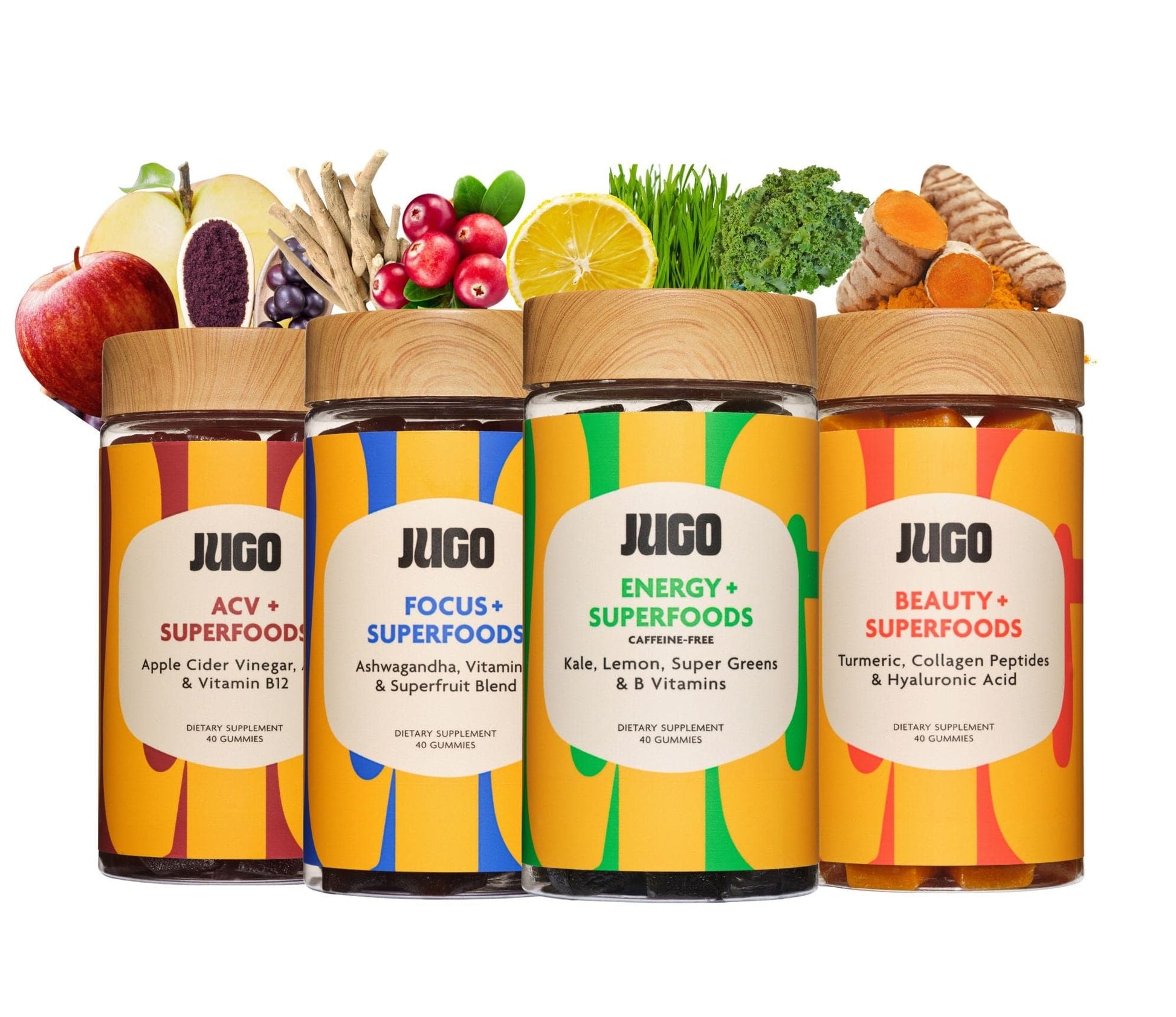 Starter bundle image showing multiple Jugo Superfoods bottles grouped together with fresh fruits behind them.