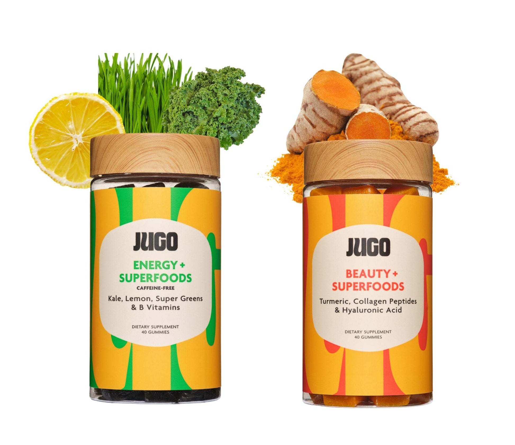 Two Jugo Superfoods bottles surrounded by fresh ingredients like lemon, greens, and turmeric on a bright studio background.