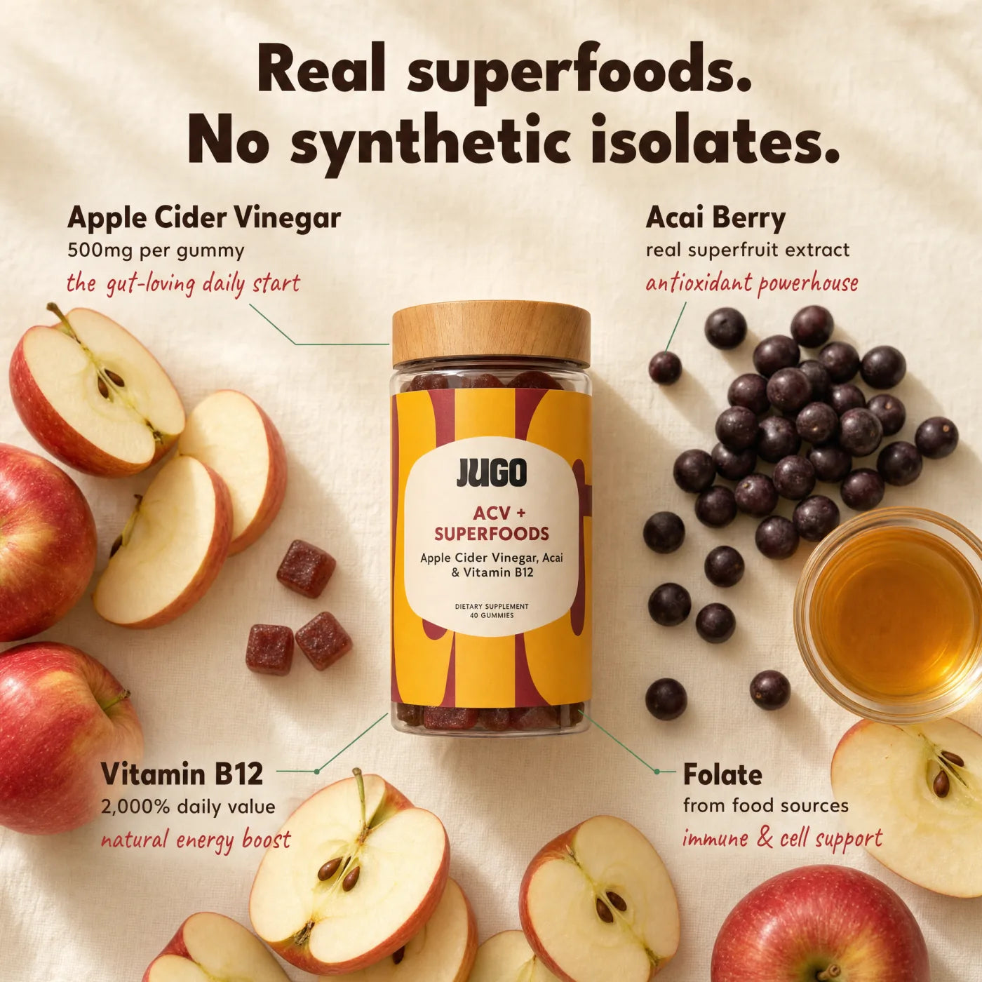 JUGO ACV gummies overhead photo with real ingredients