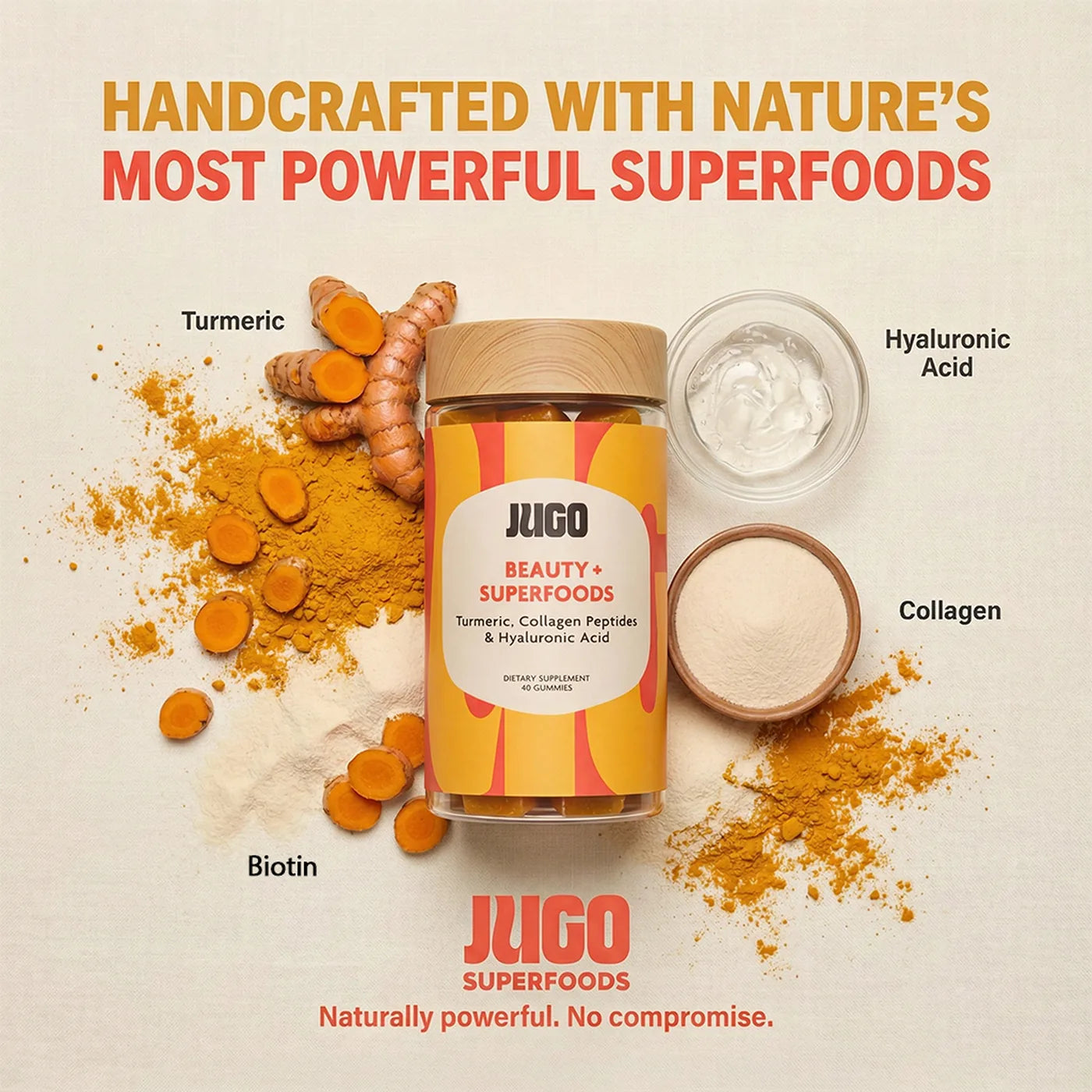 JUGO Beauty + Superfoods overhead photo with real ingredients